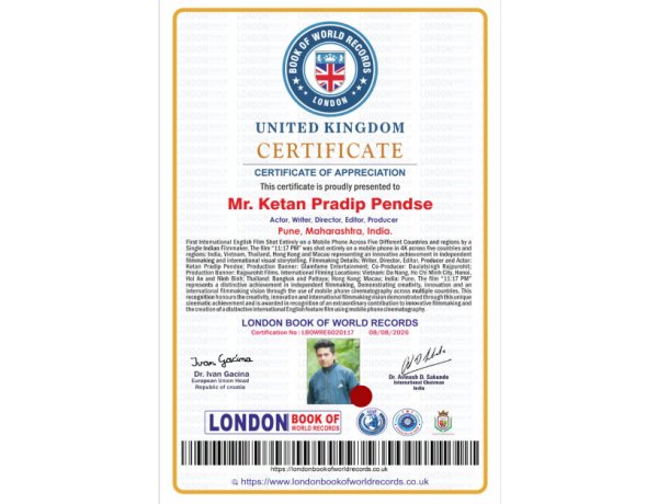 Ketan Pendse Receives London Book of World Records Certificate of Appreciation for International Feature Film 11:17 PM